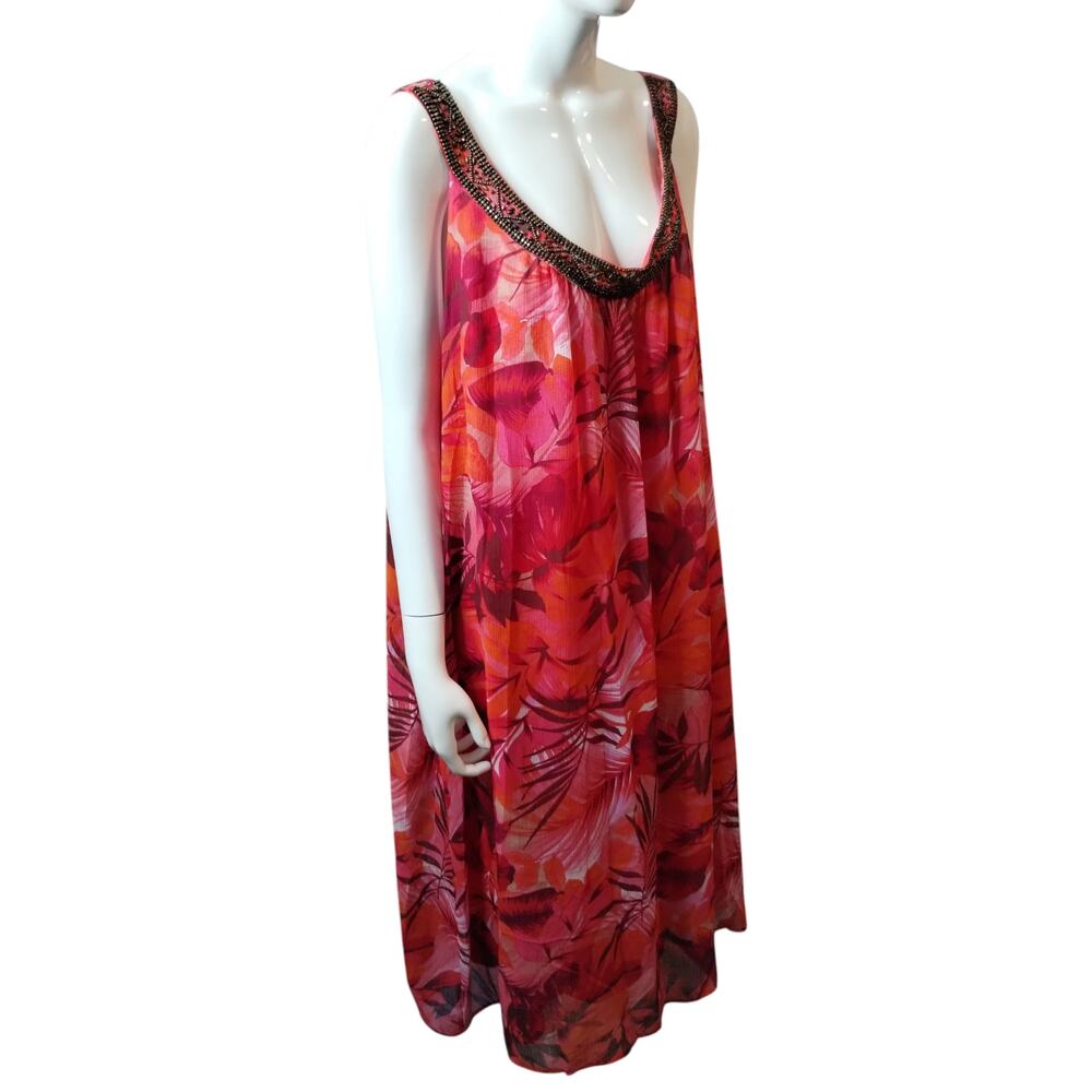 Catherines Women's size 4X Tropical Resortwear Beaded Overlay Flowy Beachy Dress